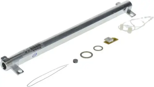 Langer Metallzylinder mit Anschlussgewinde, mehreren Dichtungen und einer kleinen Platine. Teil eines Umbausatzes von Bosch für Gasgeräte.